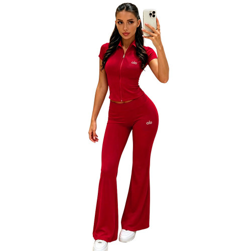 ALO Fashion, Leisure, Sports, Slimming, Embroidered Bellbottom Pants Coat Set