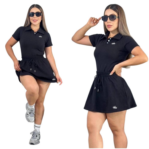 Fashionable polo short sleeved sports skirt with high waist and drawstring for slimming, multi-color casual fitness skirt