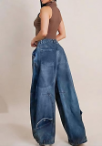 Fashionable women's washed and worn wide pine jeans with pockets