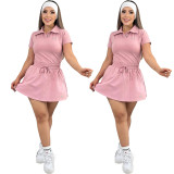 Fashionable polo short sleeved sports skirt with high waist and drawstring for slimming, multi-color casual fitness skirt