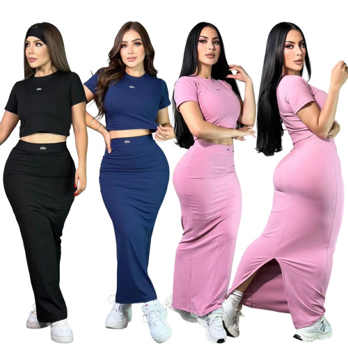 Soft and skin friendly short top+high waist, hip hugging, split half skirt, slim fit and slimming yoga set