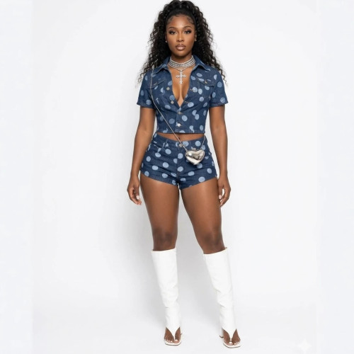 Casual personalized printed polka dot denim set