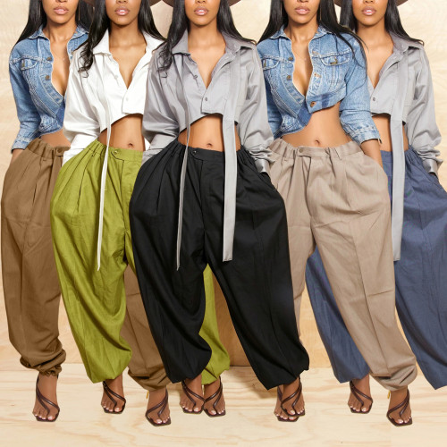 Fashionable and casual pleated loose crotch covering leg binding pants, cropped pants