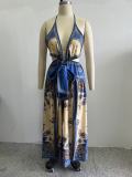 European style printed V-neck camisole irregular jumpsuit pants