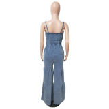 Fashionable casual sexy suspender denim jumpsuit wide leg pants