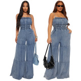 Fashionable casual sexy suspender denim jumpsuit wide leg pants