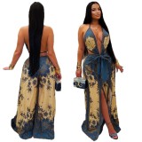 European style printed V-neck camisole irregular jumpsuit pants