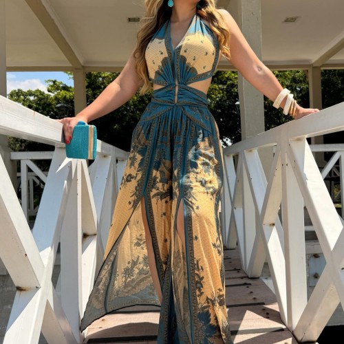European style printed V-neck camisole irregular jumpsuit pants