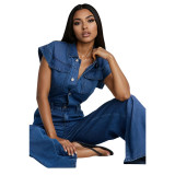 Elastic waist slim fit elastic wash denim jumpsuit jumpsuit wide leg pants