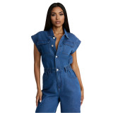 Elastic waist slim fit elastic wash denim jumpsuit jumpsuit wide leg pants