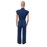 Elastic waist slim fit elastic wash denim jumpsuit jumpsuit wide leg pants