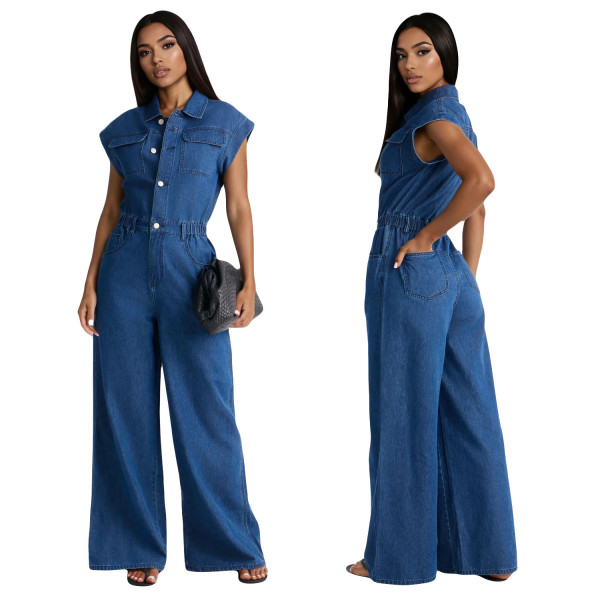 Elastic waist slim fit elastic wash denim jumpsuit jumpsuit wide leg pants