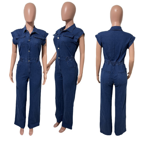 Elastic waist slim fit elastic wash denim jumpsuit jumpsuit wide leg pants