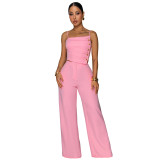 Solid color pleated metal buckle camisole top, wide leg pants two-piece set