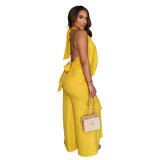 Hanging neck deep V-neck solid color loose hanging wide leg pants vacation casual set