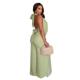 Hanging neck deep V-neck solid color loose hanging wide leg pants vacation casual set