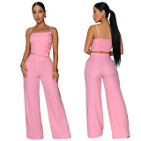 Solid color pleated metal buckle camisole top, wide leg pants two-piece set
