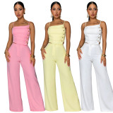 Solid color pleated metal buckle camisole top, wide leg pants two-piece set