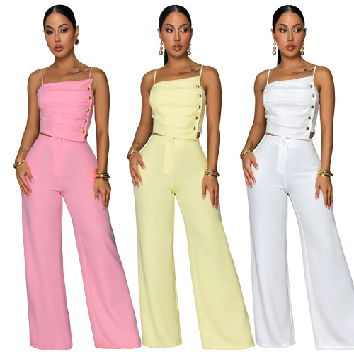 Solid color pleated metal buckle camisole top, wide leg pants two-piece set