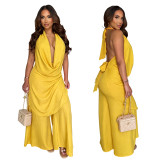 Hanging neck deep V-neck solid color loose hanging wide leg pants vacation casual set