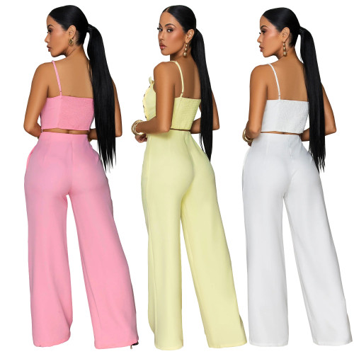 Solid color pleated metal buckle camisole top, wide leg pants two-piece set