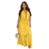 Hanging neck deep V-neck solid color loose hanging wide leg pants vacation casual set