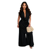Hanging neck deep V-neck solid color loose hanging wide leg pants vacation casual set