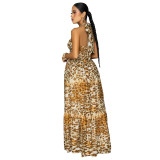 Leopard print hollowed out waist cinching big swing vacation style beach dress