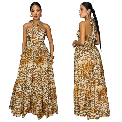 Leopard print hollowed out waist cinching big swing vacation style beach dress