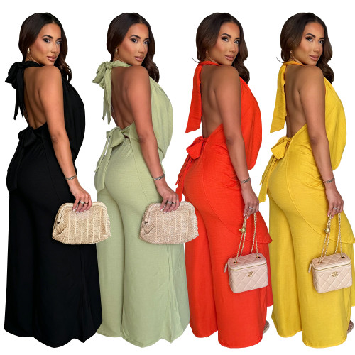 Hanging neck deep V-neck solid color loose hanging wide leg pants vacation casual set