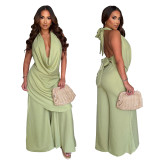 Hanging neck deep V-neck solid color loose hanging wide leg pants vacation casual set