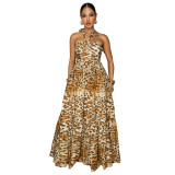Leopard print hollowed out waist cinching big swing vacation style beach dress