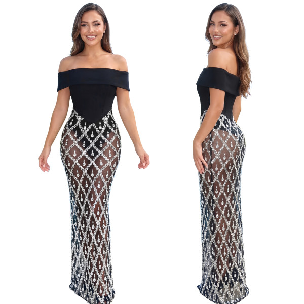 Sexy one shoulder strapless fishtail dress, rhinestone party dress