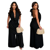 Hanging neck deep V-neck solid color loose hanging wide leg pants vacation casual set