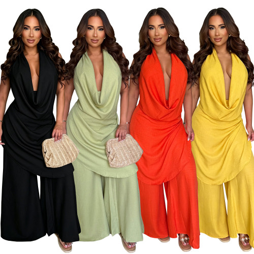 Hanging neck deep V-neck solid color loose hanging wide leg pants vacation casual set