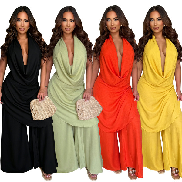 Hanging neck deep V-neck solid color loose hanging wide leg pants vacation casual set