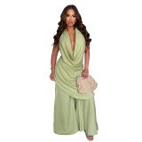 Hanging neck deep V-neck solid color loose hanging wide leg pants vacation casual set