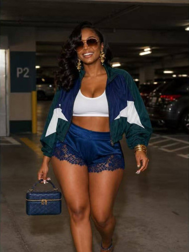 American retro color blocked short style elastic waistband loose slimming street sports style thin top