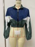 American retro color blocked short style elastic waistband loose slimming street sports style thin top