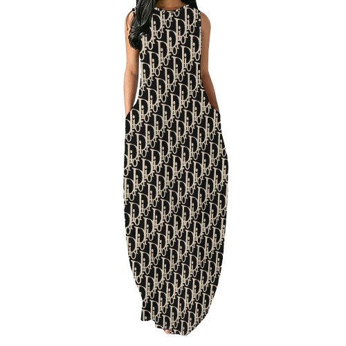 Digital printed sleeveless round neck long skirt (pocket)