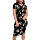 Digital printed short sleeved round neck mid length skirt