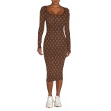 Digital printed long sleeved tight fitting dress