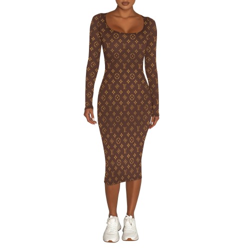 Digital printed long sleeved tight fitting dress