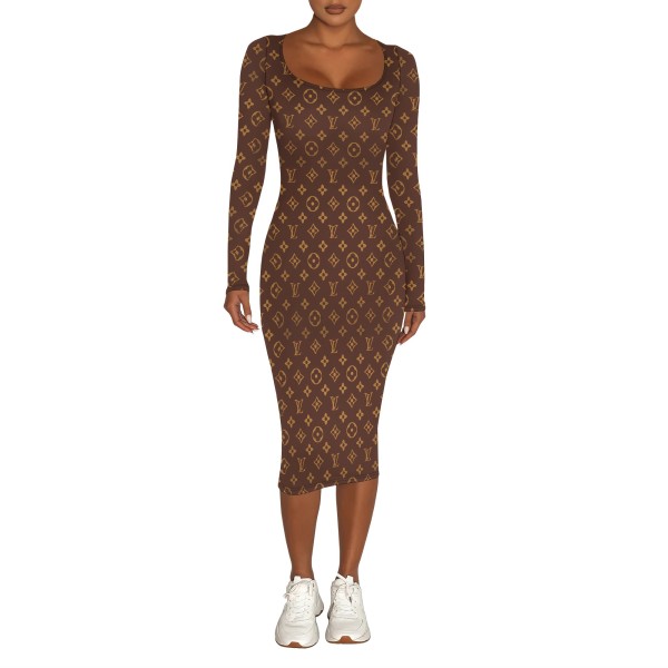 Digital printed long sleeved tight fitting dress
