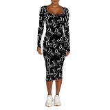 Digital printed long sleeved tight fitting dress