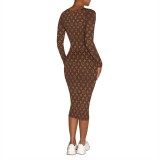 Digital printed long sleeved tight fitting dress