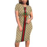 Digital printed short sleeved round neck mid length skirt