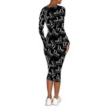 Digital printed long sleeved tight fitting dress