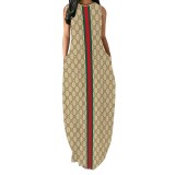 Digital printed sleeveless round neck long skirt (pocket)