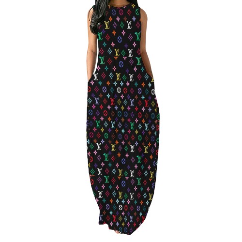Digital printed sleeveless round neck long skirt (pocket)